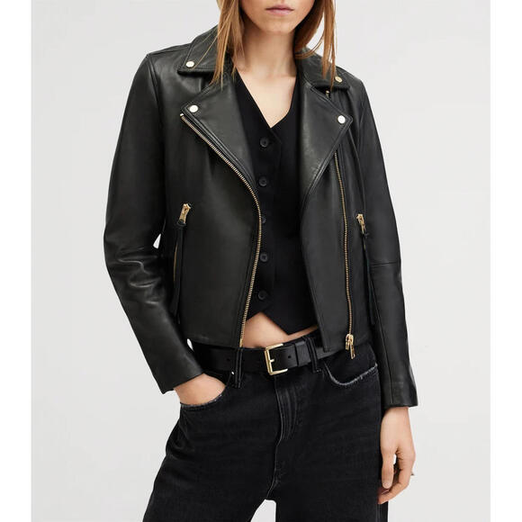 AllSaints Dalby Slim Fit Leather Biker Jacket Black/Gold - Picture 2 of 13